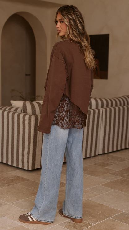 Javi Long Sleeve Lace Top - Brown