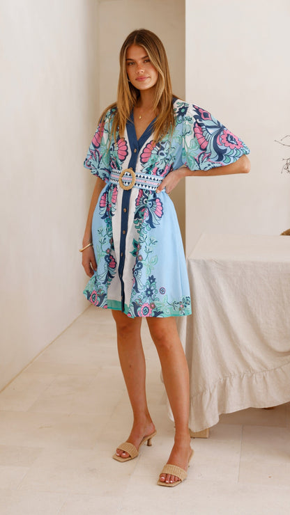 Dali Mini Dress - Island Bloom Blue