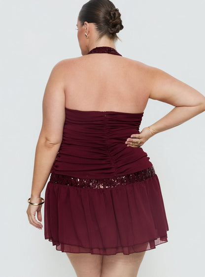 Aisleigh Sequin Halter Mini Dress Berry Curve