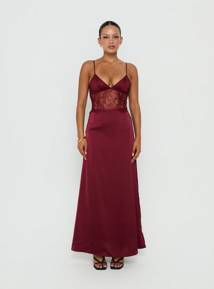 Lusta Plunge Lace Maxi Dress Cherry