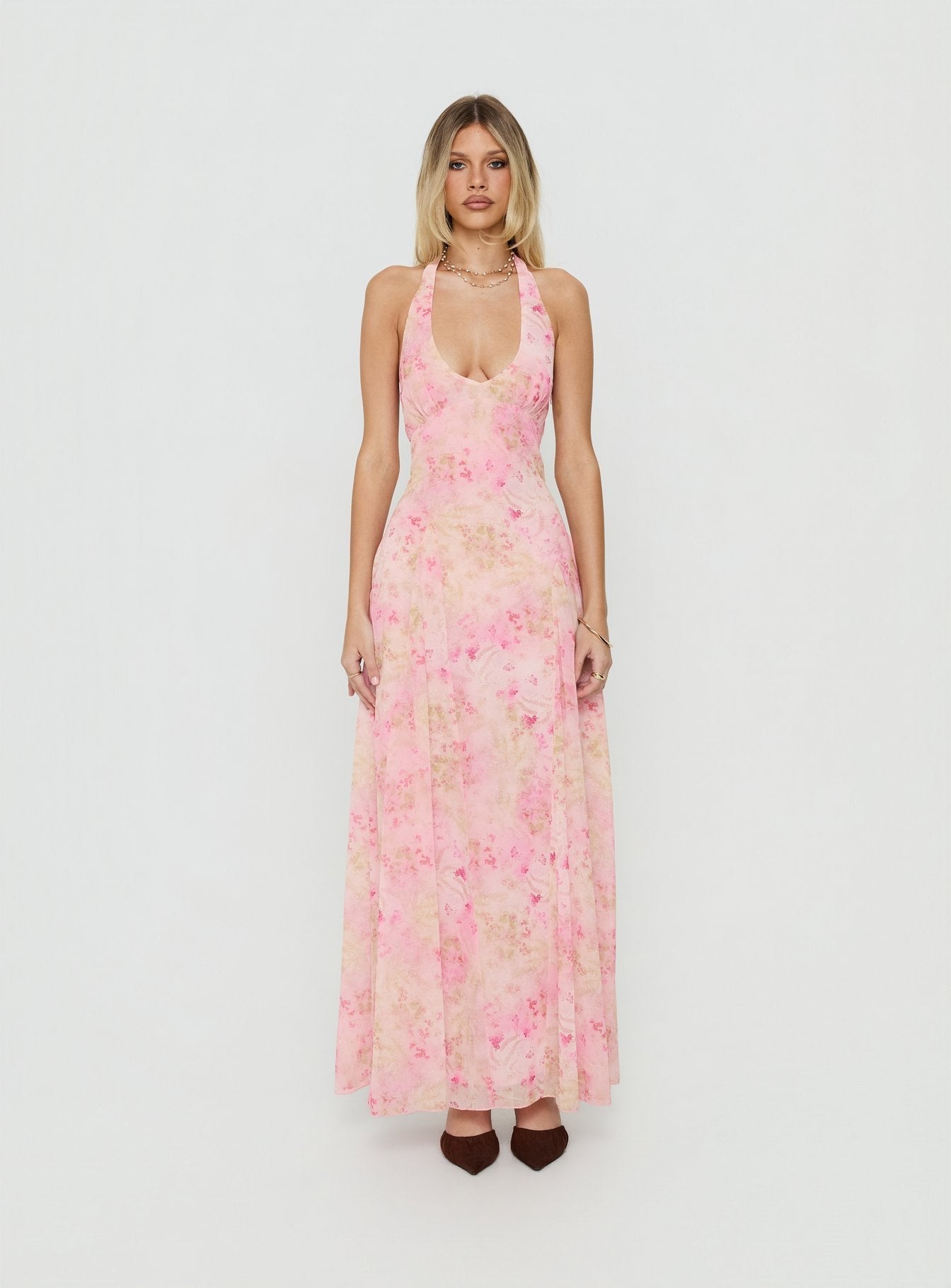 Dandelions Halter Maxi Dress Pink Floral