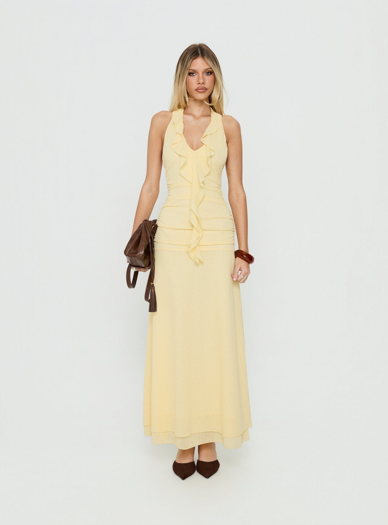 Leyda Plunge Frill Maxi Dress Yellow