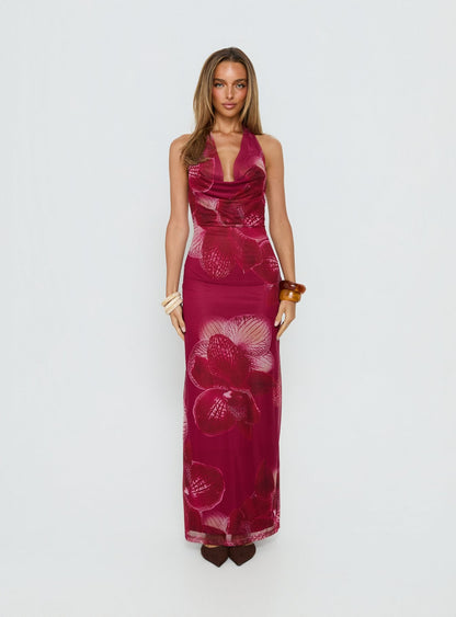 Adeya Halter Maxi Dress Burgundy Floral