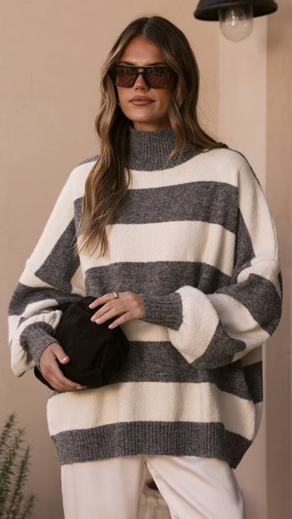 Harita Knitted Sweater - Grey/Cream Stripe
