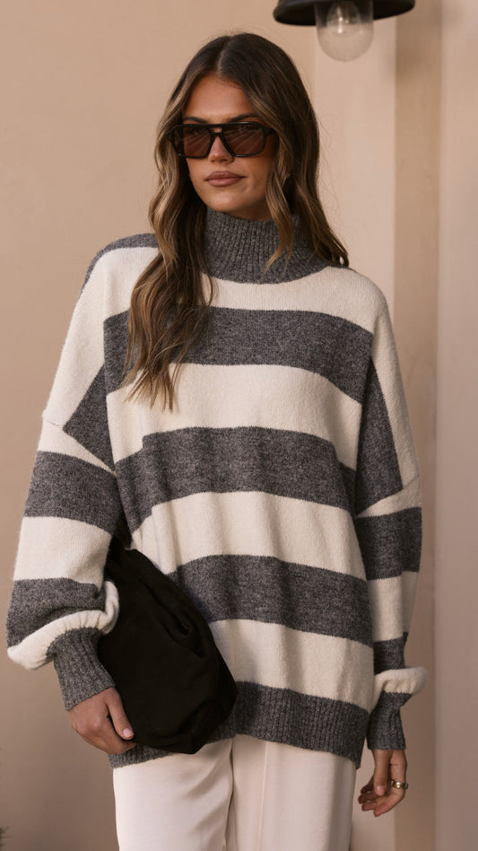 Harita Knitted Sweater - Grey/Cream Stripe