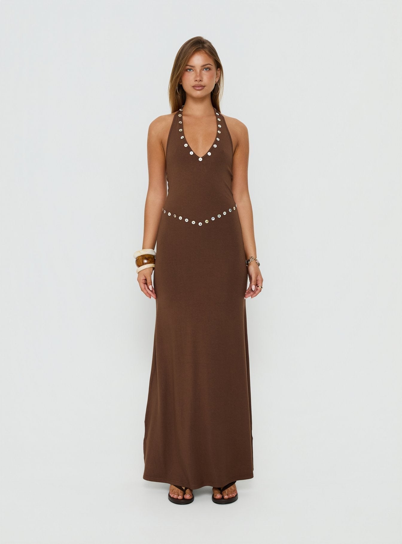 Correna Embellished Halter Maxi Dress Chocolate