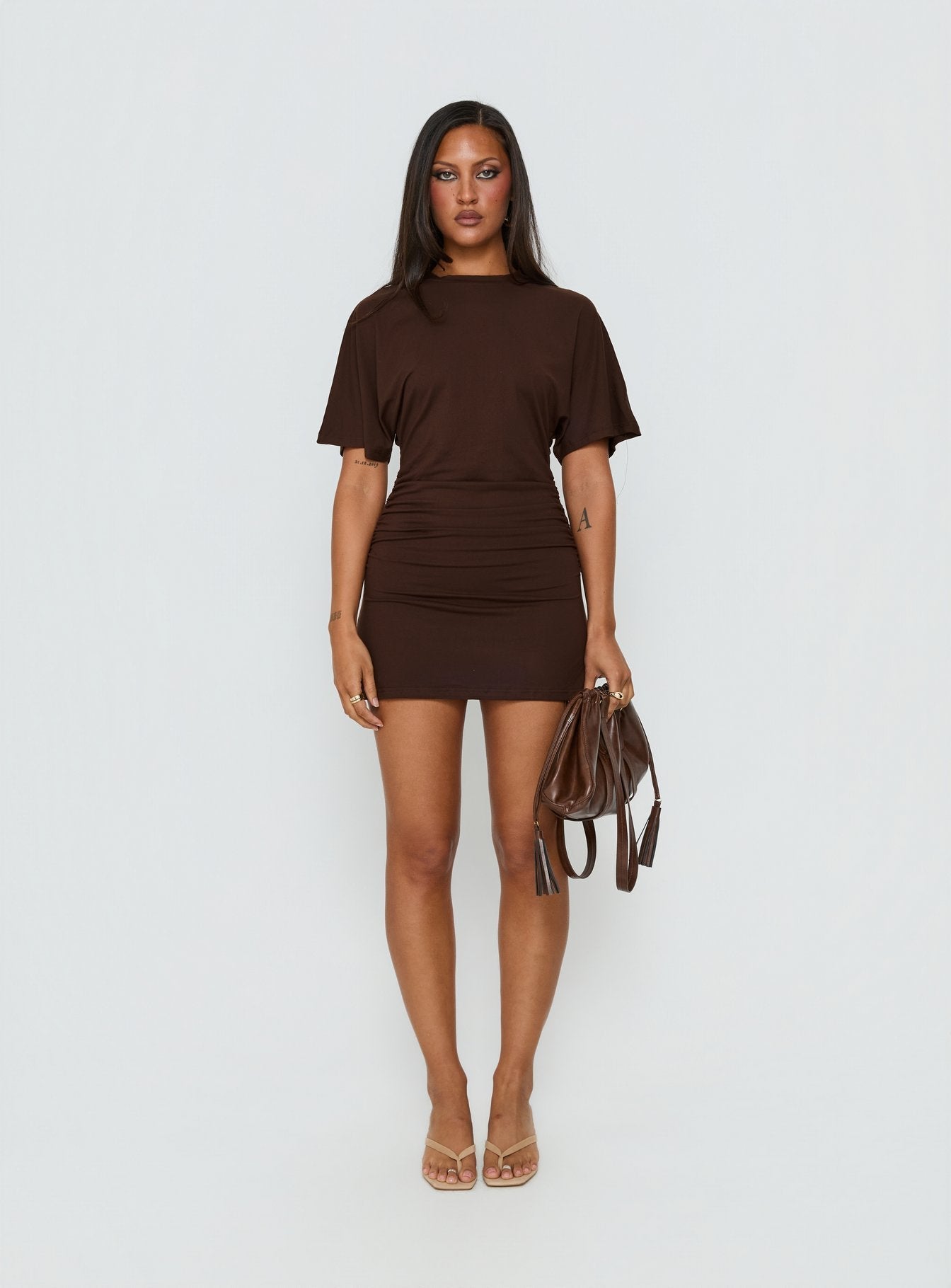 Hunni Ruched Shirt Mini Dress Brown
