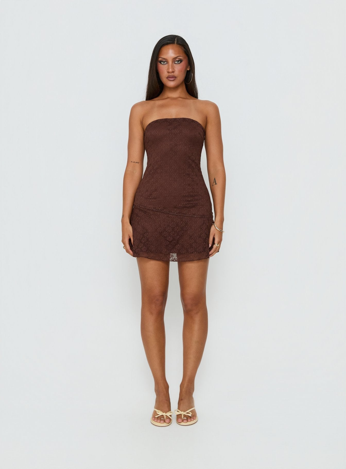 Cavalier Strapless Lace Mini Dress Chocolate