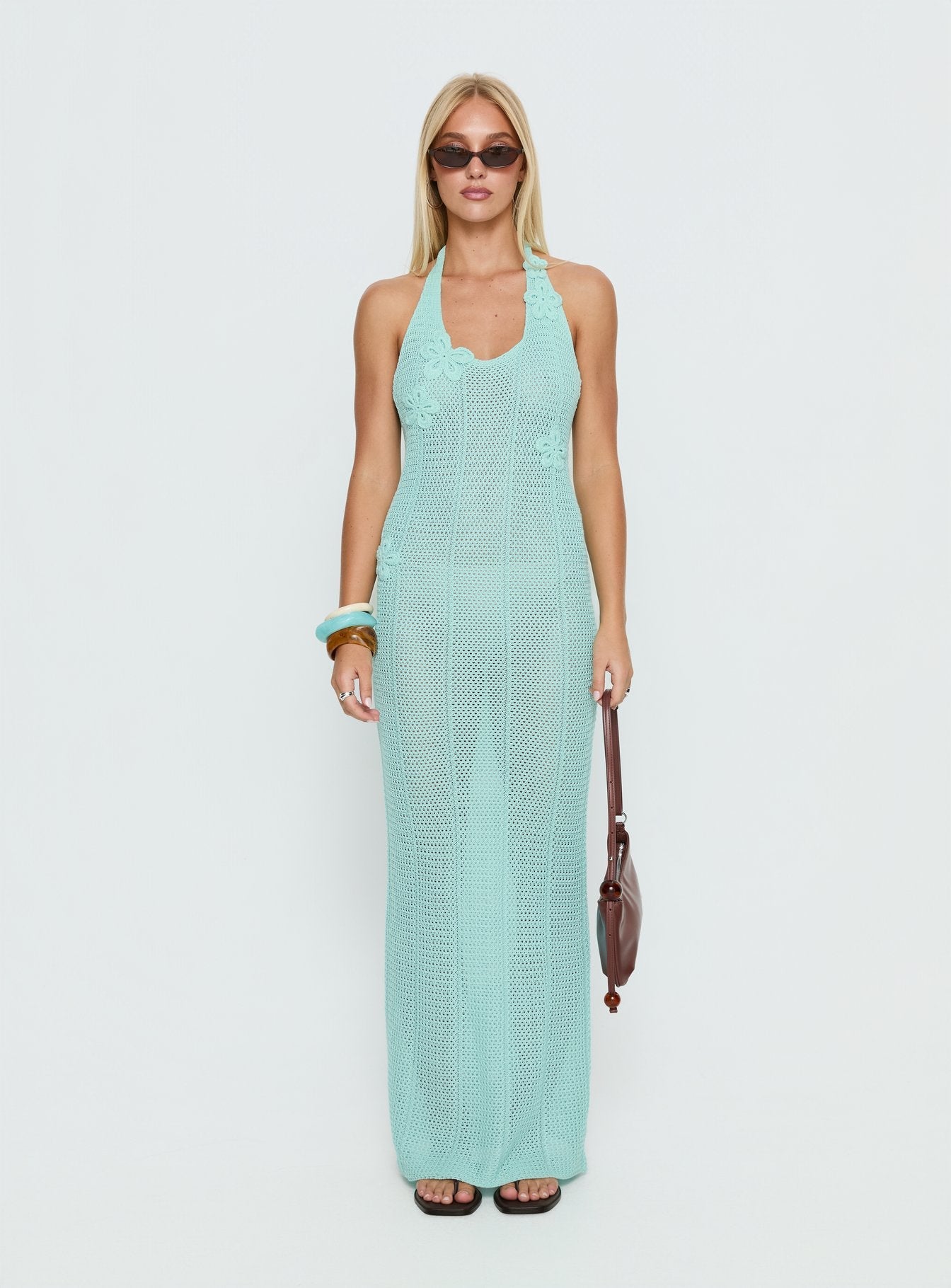 Nalanie Halter Crochet Maxi Dress Aqua