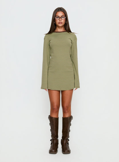 Lulolah Long Sleeve Mini Dress Green / Chocolate Stripe