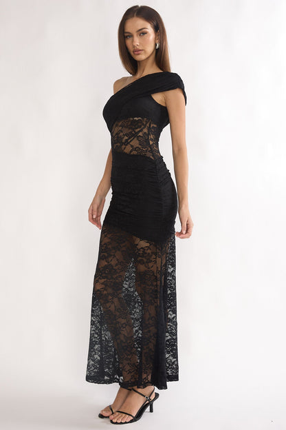 Gala One-Shoulder Maxi Dress Lace Black