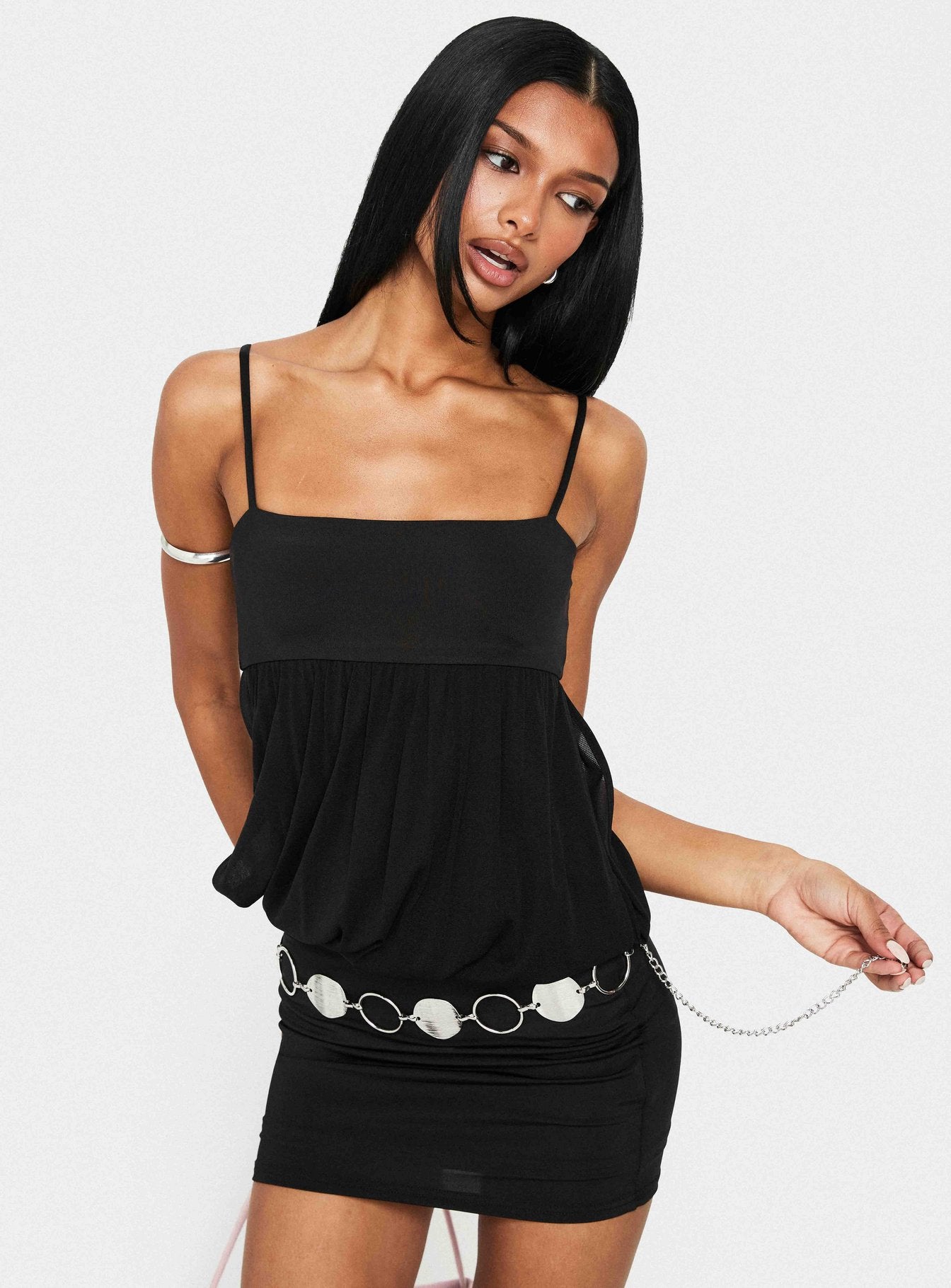 Franciska Sheer Blouson Mini Dress Black