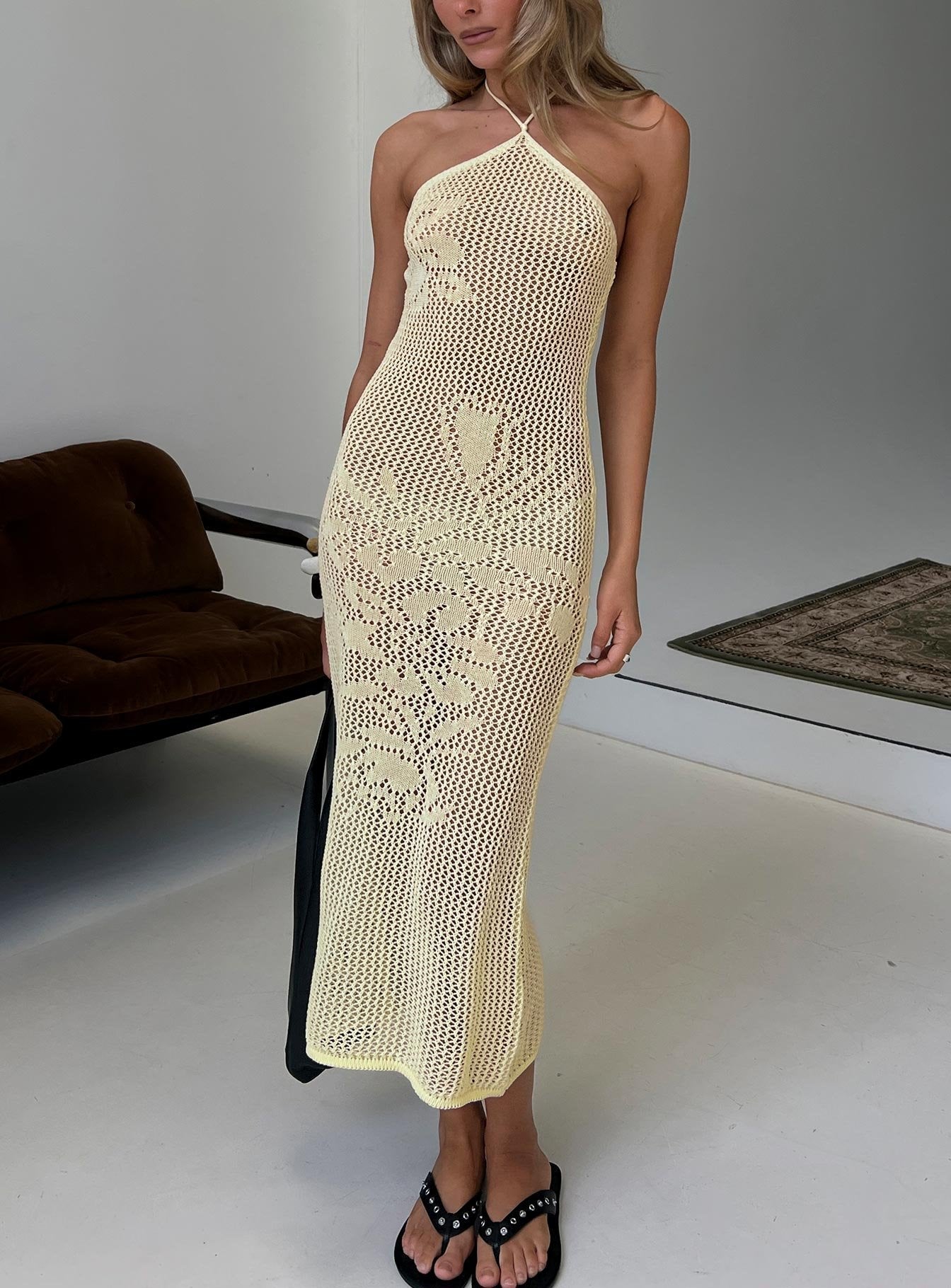 Sebelle Halter Crochet Maxi Dress Yellow