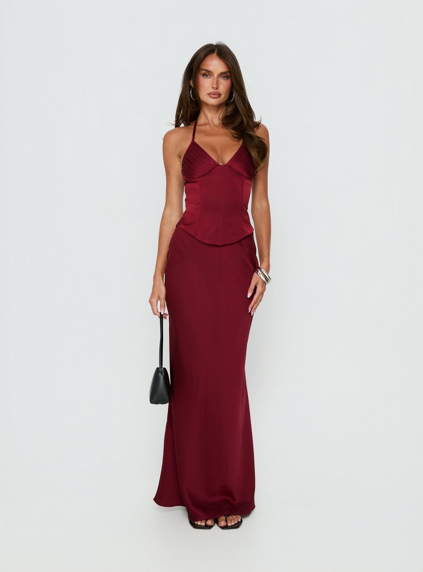 Devotedness Satin Corset Maxi Dress Deep Red