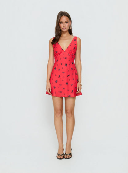 Pennie Bias Mini Dress Red Floral