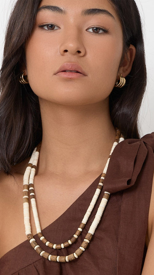 Double Row Stone and Timber Bead Necklace - Choc/Cream