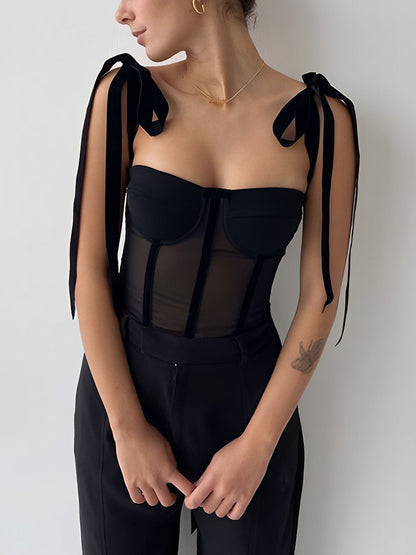 Sheer Mesh Tie-Front Crop Top – Light Support