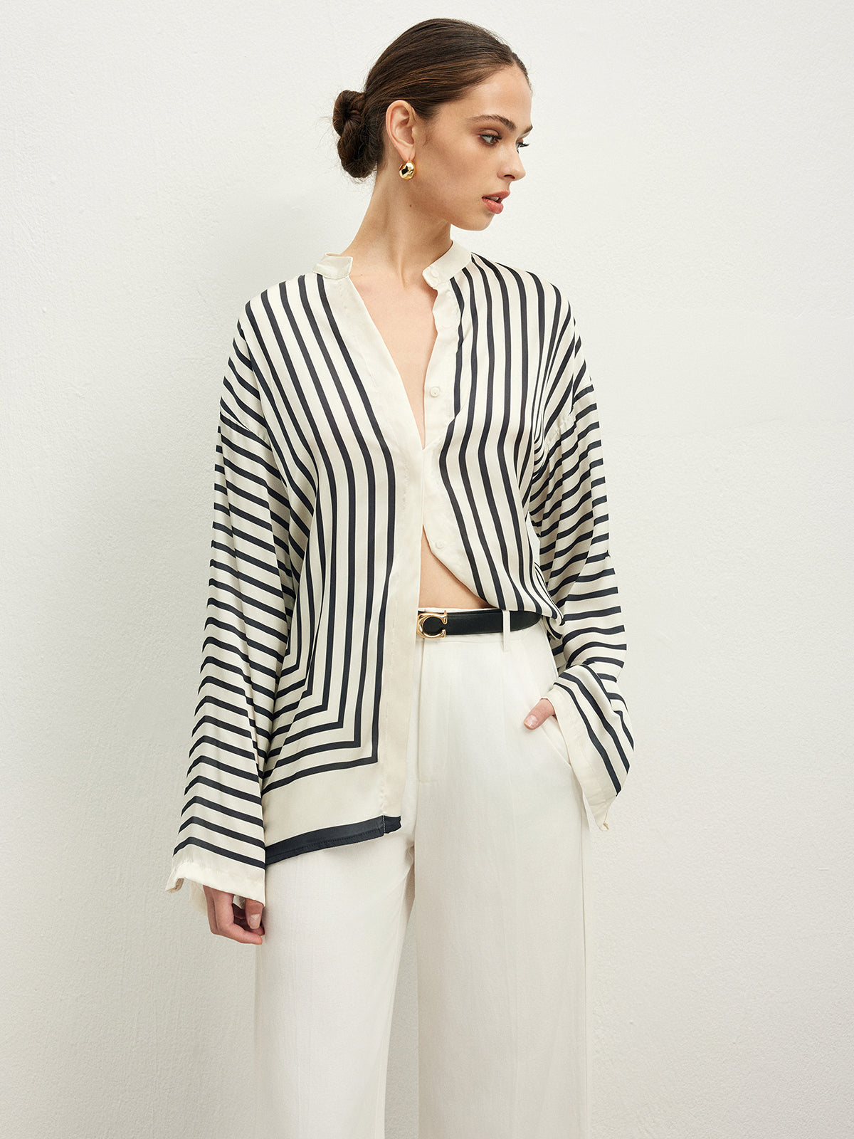 Satin Striped Button Blouse with Refined Fit
