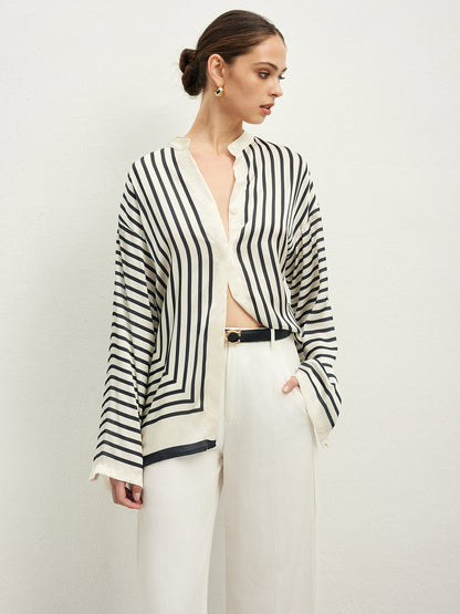 Satin Striped Button Blouse with Refined Fit