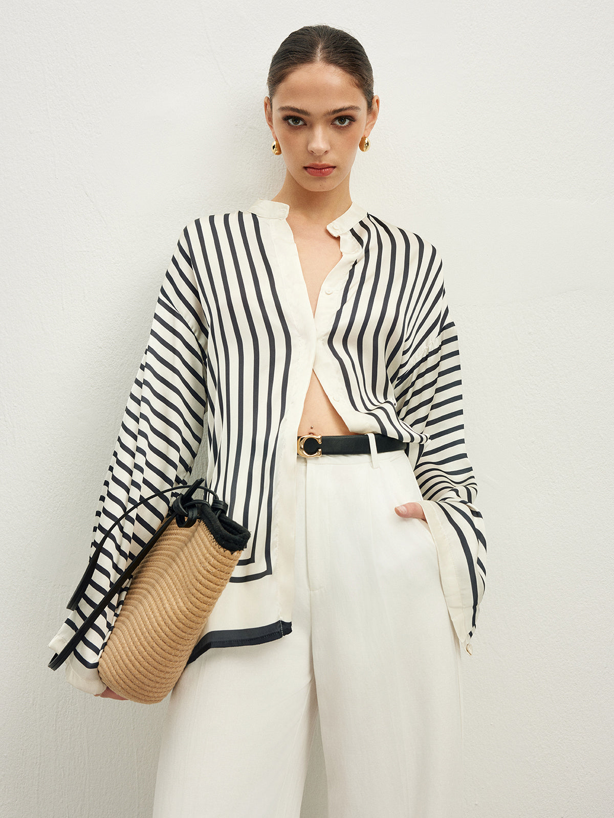 Satin Striped Button Blouse with Refined Fit