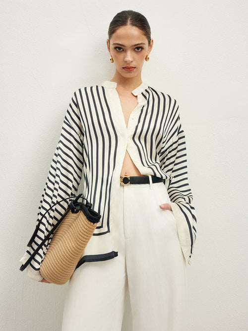 Satin Striped Button Blouse with Refined Fit
