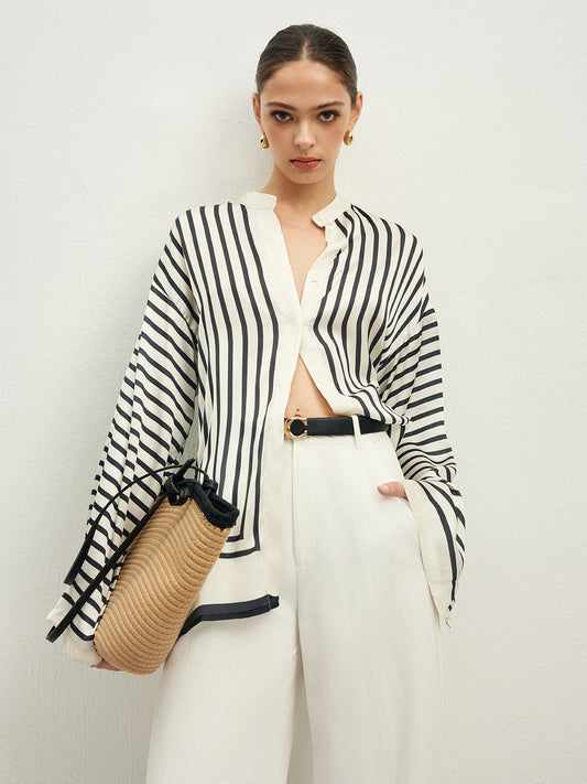 Satin Striped Button Blouse with Refined Fit