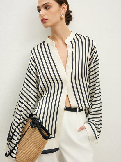 Satin Striped Button Blouse with Refined Fit