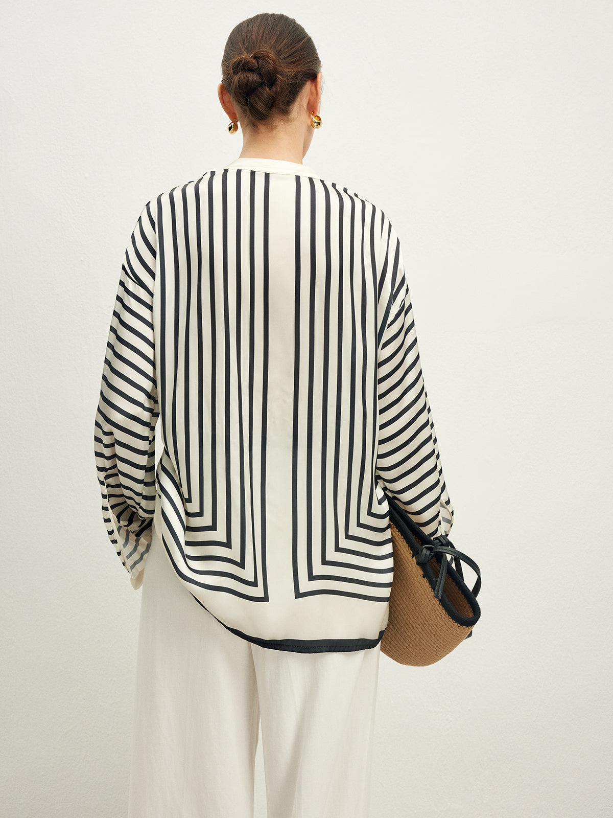 Satin Striped Button Blouse with Refined Fit