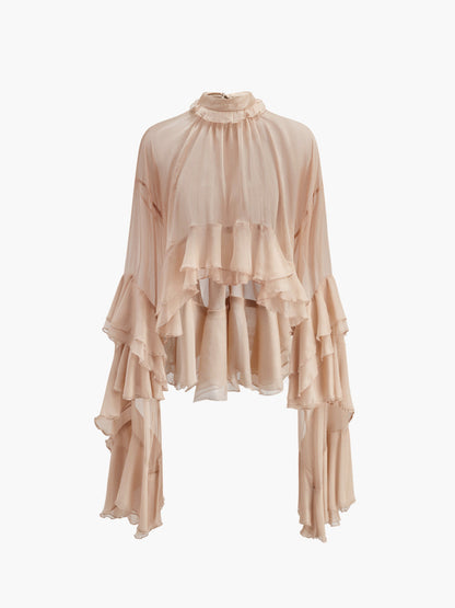 Sheer Turtleneck Ruffle Chiffon Blouse Long Sleeve
