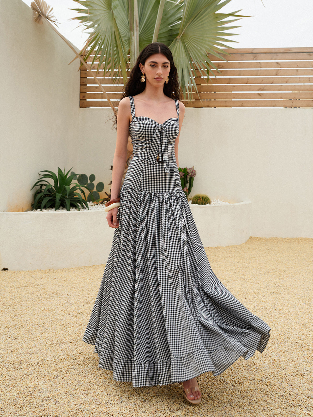Gingham Belted Fitted Sleeveless Dress