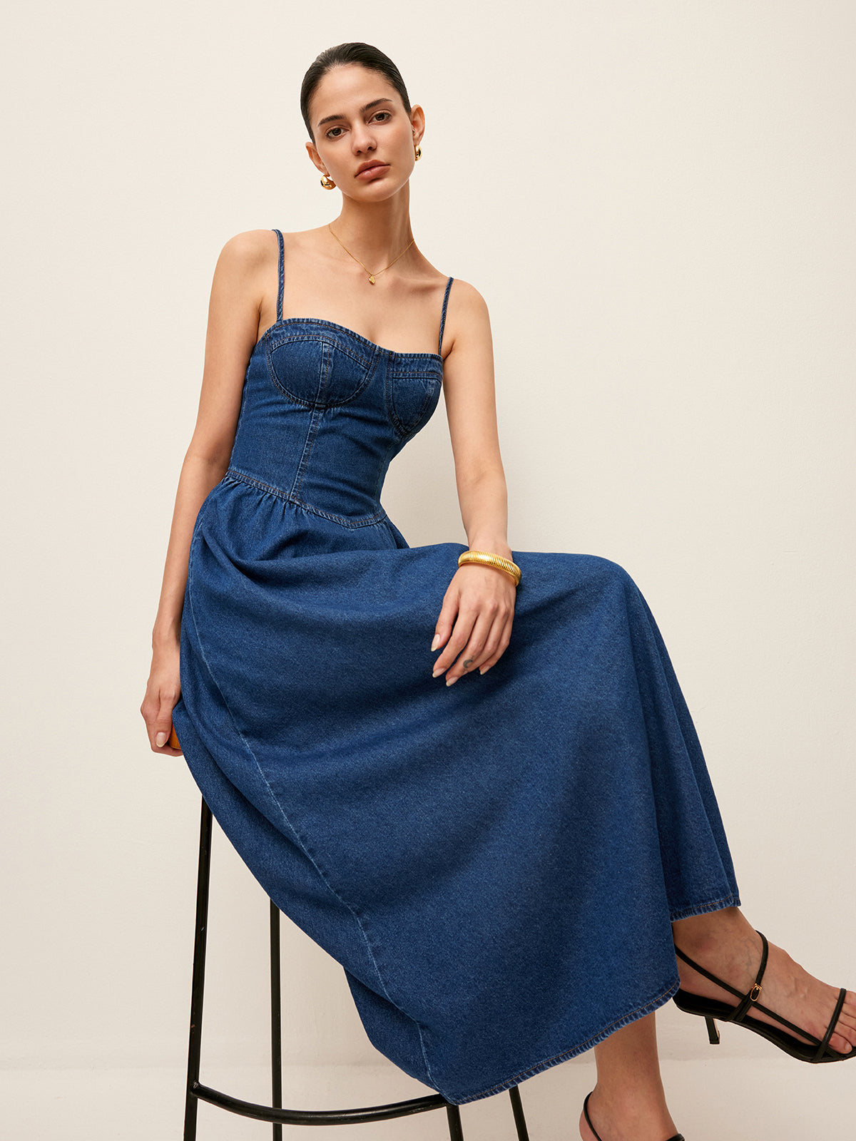 Sweetheart Collar Denim Dress