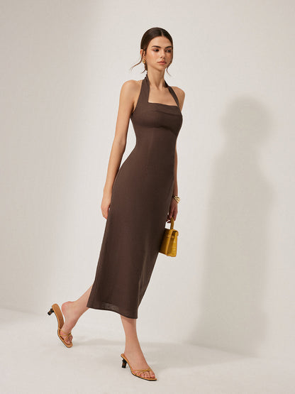 Cotton & Linen Halter Backless Split Dress