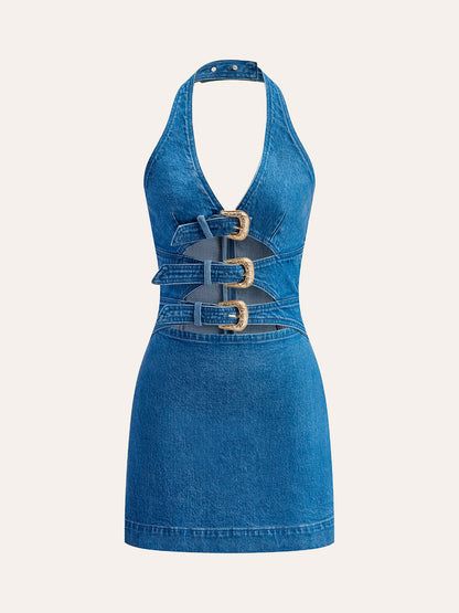 Halter Neck Buckle Detail Denim Dress