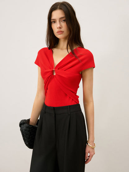 Twist Front Cut-Out V-Neck Knit Top