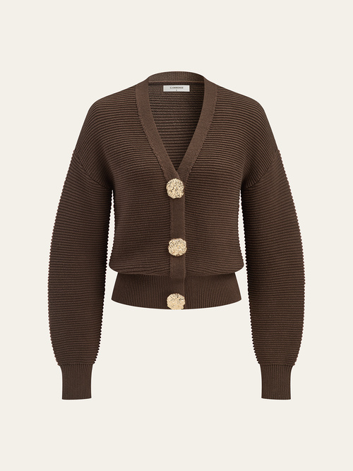 Metal Button V-neck Textured Cardigan
