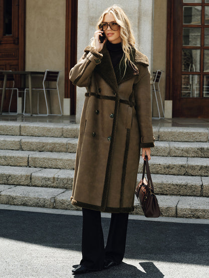 Double-Breasted Fleece Lined Faux Leather Longline Coat