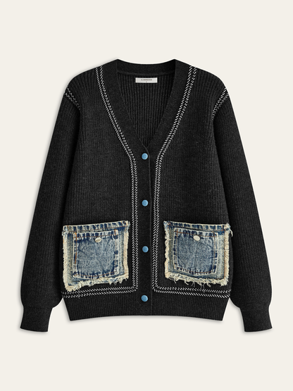 Contrast Trim Denim Panel Cardigan