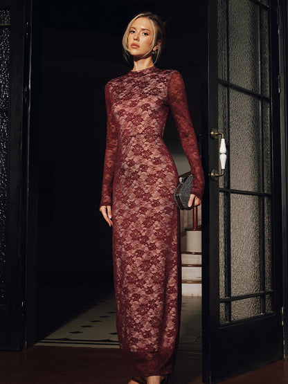 Lace Long Sleeve Fitted Backless Maxi Dress