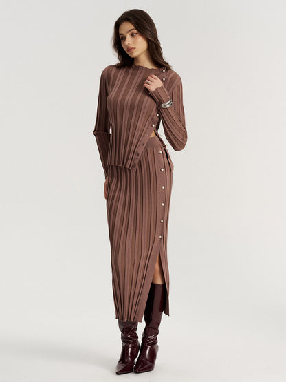 Side Button Knit Top and Midi Skirt Set