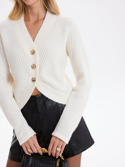 Curved Hem Knit Cardigan with Metal Buttons