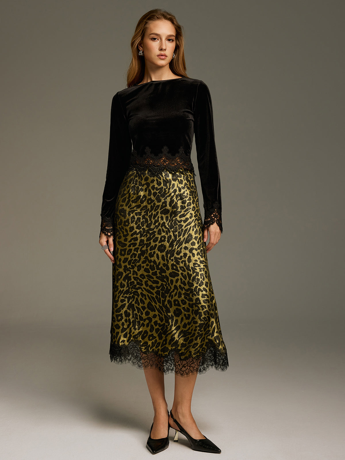 Leopard-Print Lace-Trimmed Midi Skirt