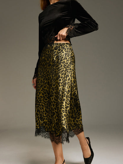 Leopard-Print Lace-Trimmed Midi Skirt