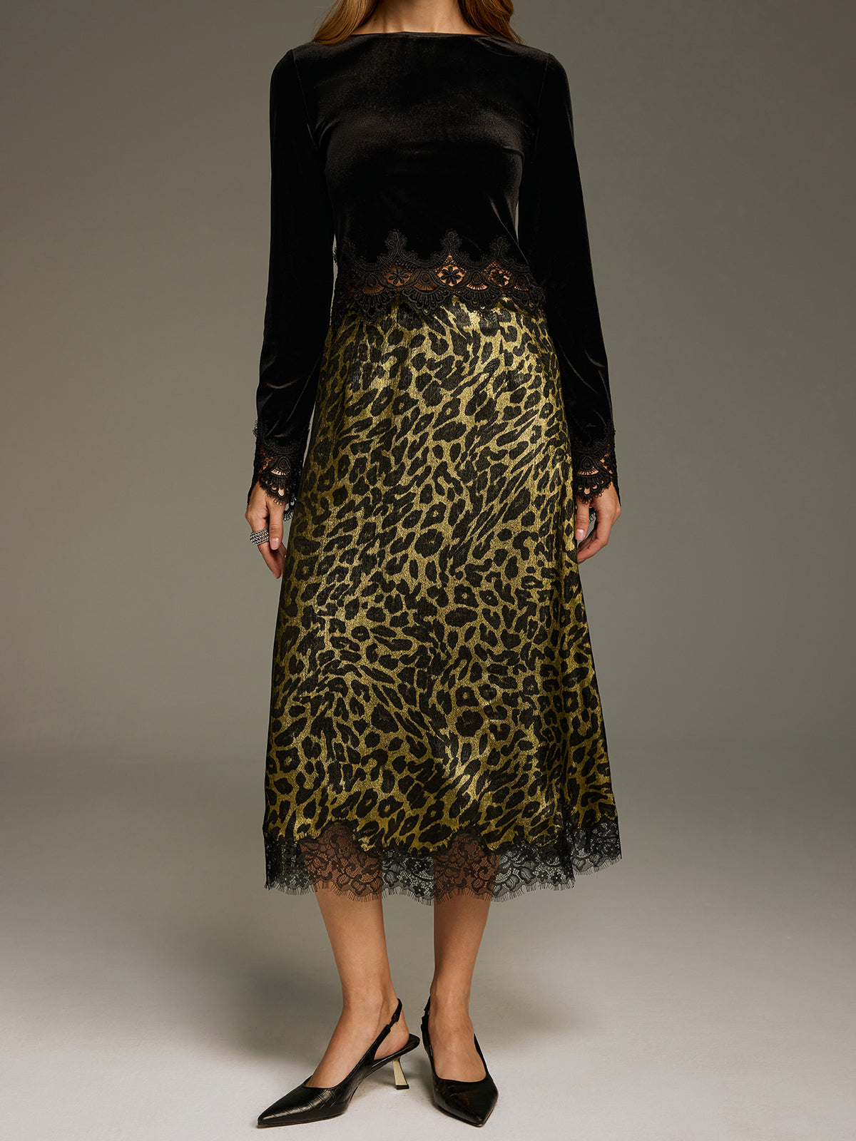 Leopard-Print Lace-Trimmed Midi Skirt