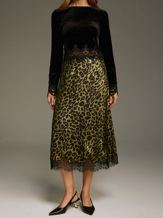 Leopard-Print Lace-Trimmed Midi Skirt