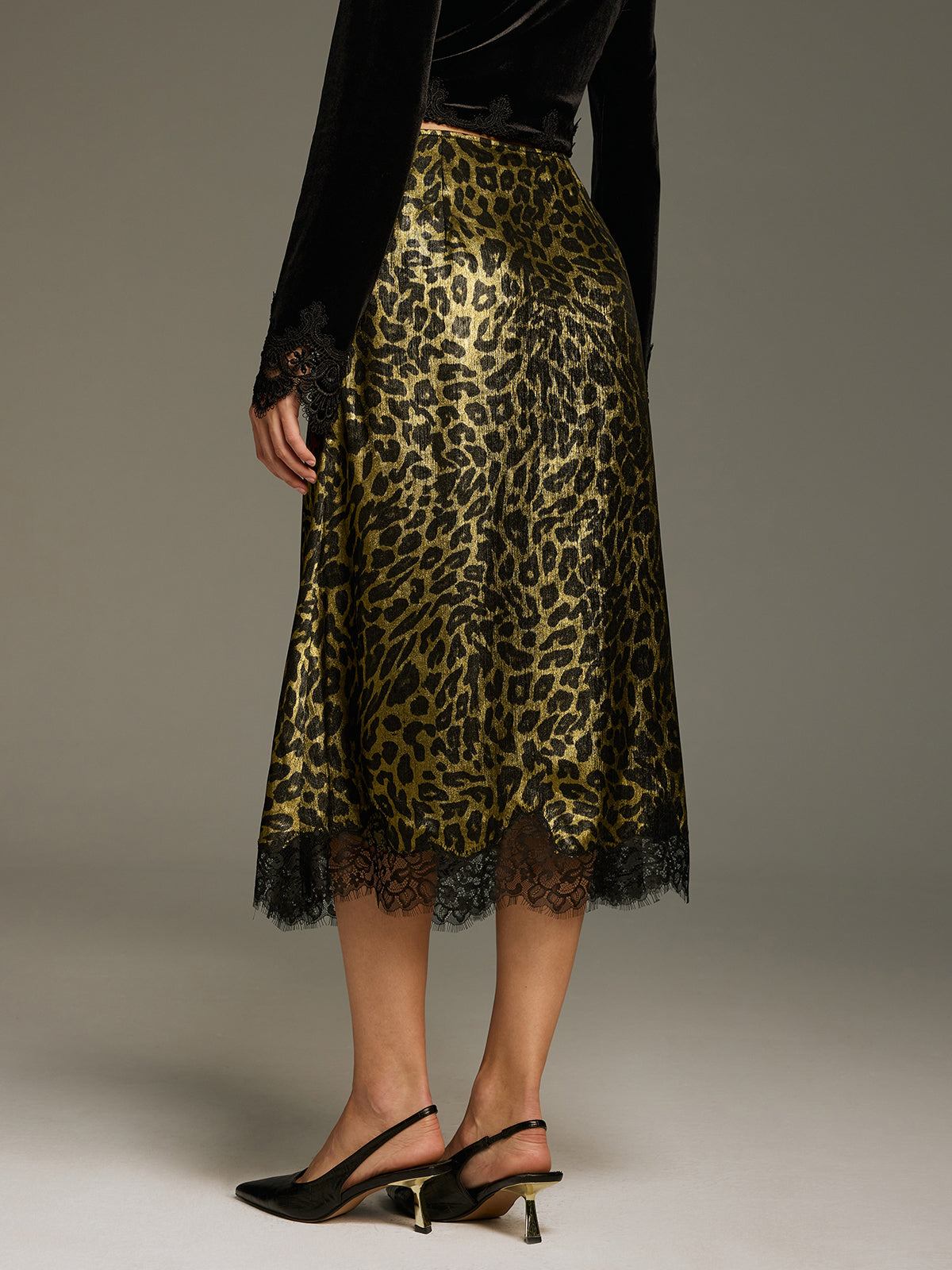 Leopard-Print Lace-Trimmed Midi Skirt