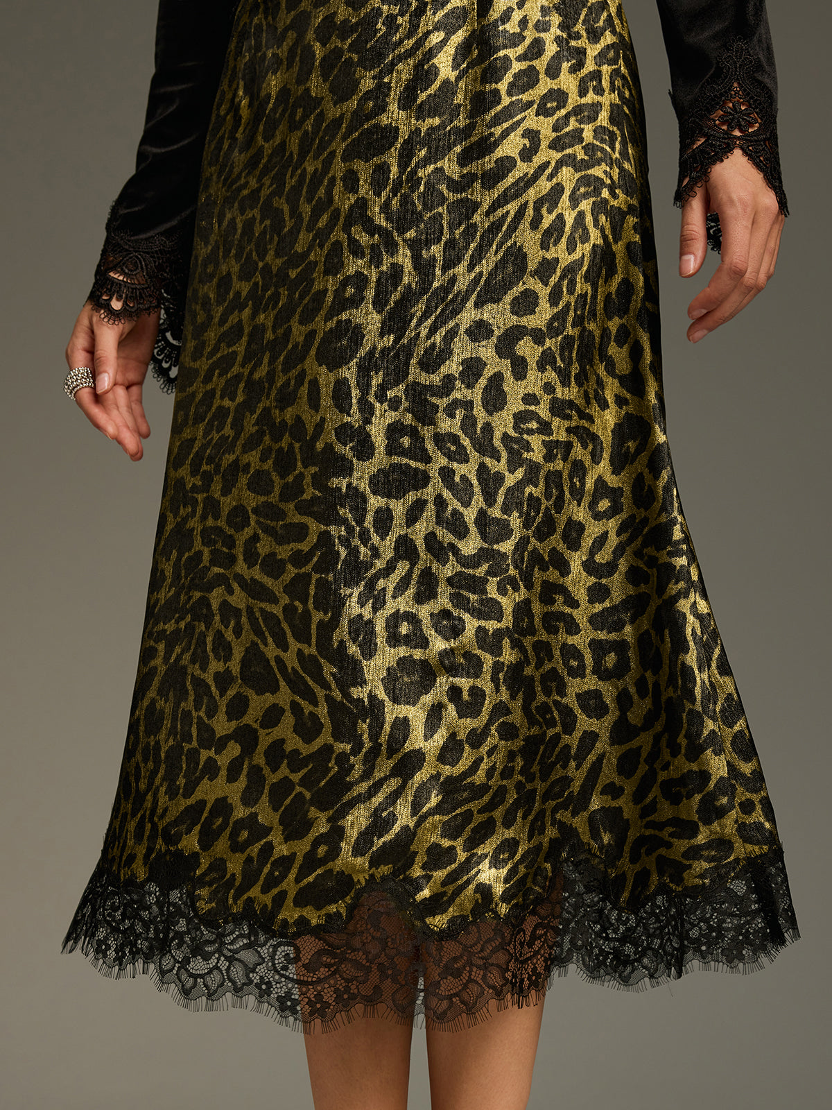 Leopard-Print Lace-Trimmed Midi Skirt