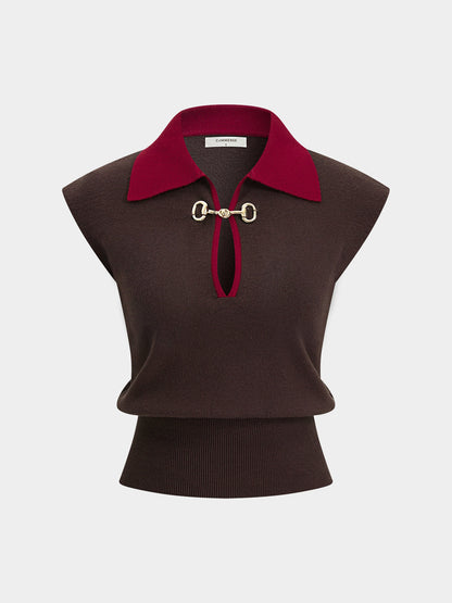 Contrast Collar Horsebit Knit Sleeveless Top