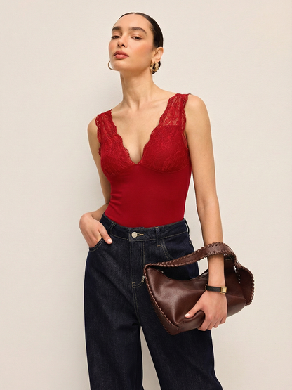 Deep V-Neck Lace-Trimmed Bodysuit