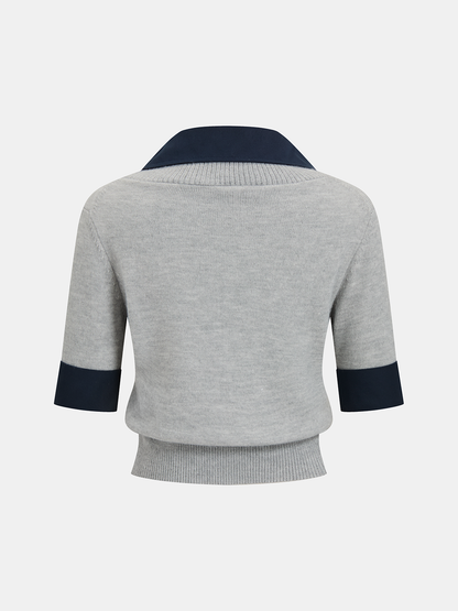 Contrast Collar Elbow Sleeve Knit Top