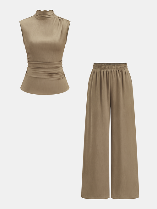 Turtleneck Ruched Top & Wide-Leg Pants Set